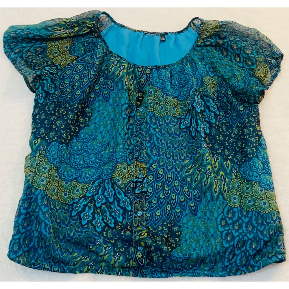 Sonoma Peacock Print Chiffon Blouse Turquoise Teal Paisley Button Front Top XL